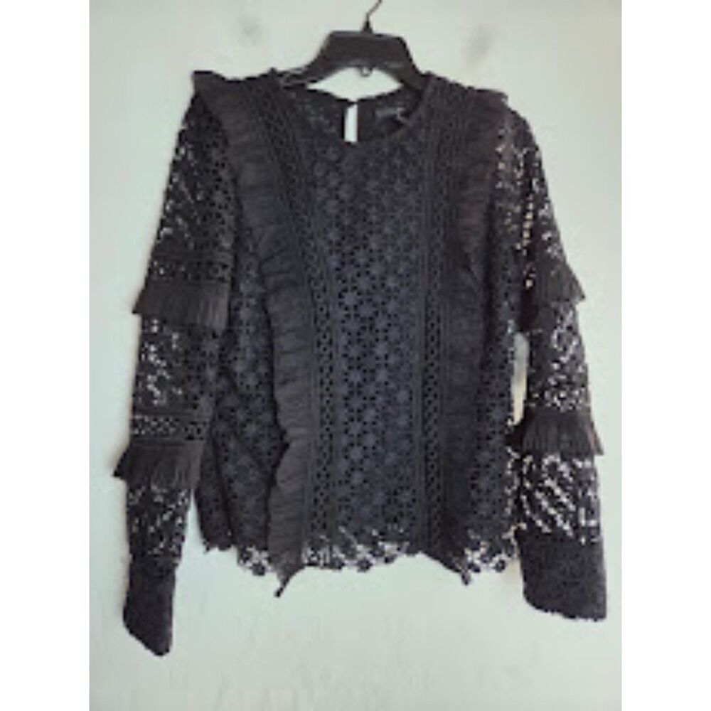 Aqua Bloomingdales Black Semi Sheer Floral Lace Ruffles Square Neck Blouse Small